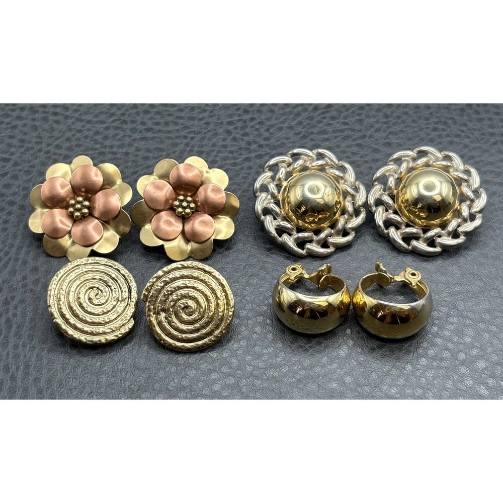 VINTAGE 80s 90s Gold Tone Chunky EARRINGS Flower Hoops 1 Monet CLIP LOT - Picture 1 of 7